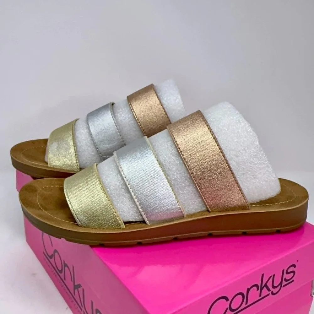 Corkys Dafne Sandals Women's Size 6 Mixed Metallic Slip On Comfort Footbed Strap